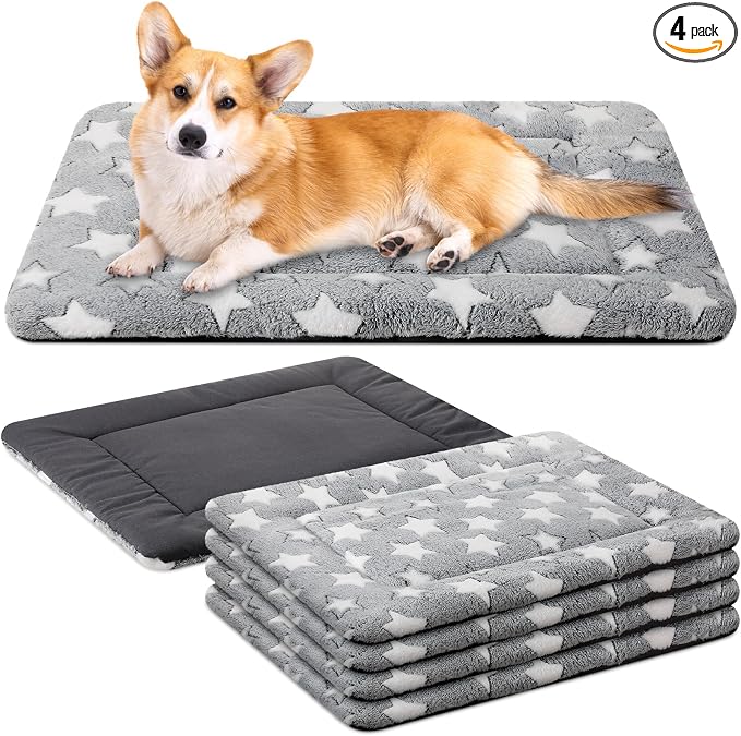 VitalCozy 4 Pcs Dog Crate Pads, Ultra Soft Warm Washable Anti-Slip Kennel Bed Mat for Pets, Reversible, Replaceable, Cage Liner for Small Medium Large Dogs and Cats(28 x 42 x 1.6 Inch,Star,Gray) by VitalCozy