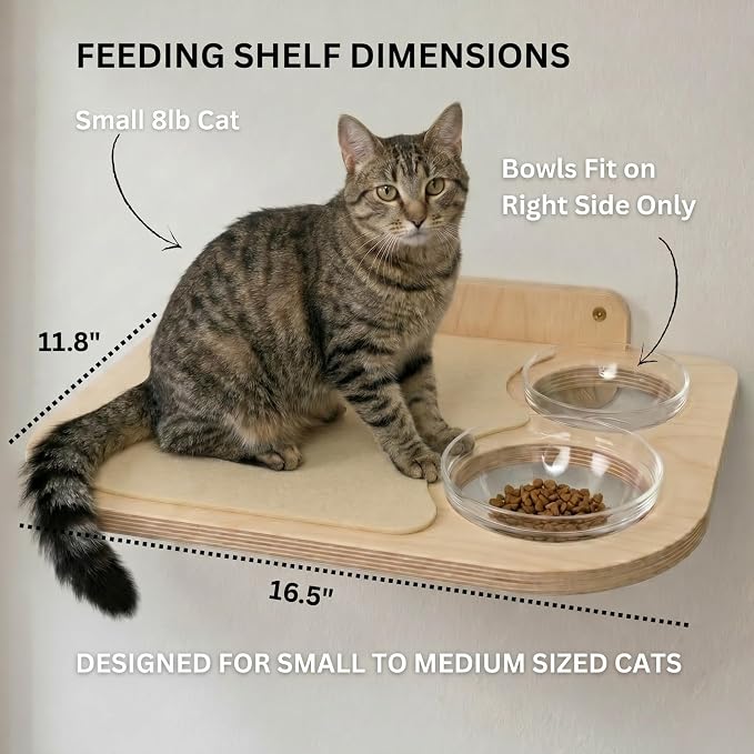 INICIO Cat Shelves - Feeding Shelf with 3 Cat Wall Steps - Natural Wood | Cat Wall Shelves with Wall Mounted Cat Food Bowls - Dog Proof Feeding Station and Convenient Feeder for Cats up to 15lbs - Image 3