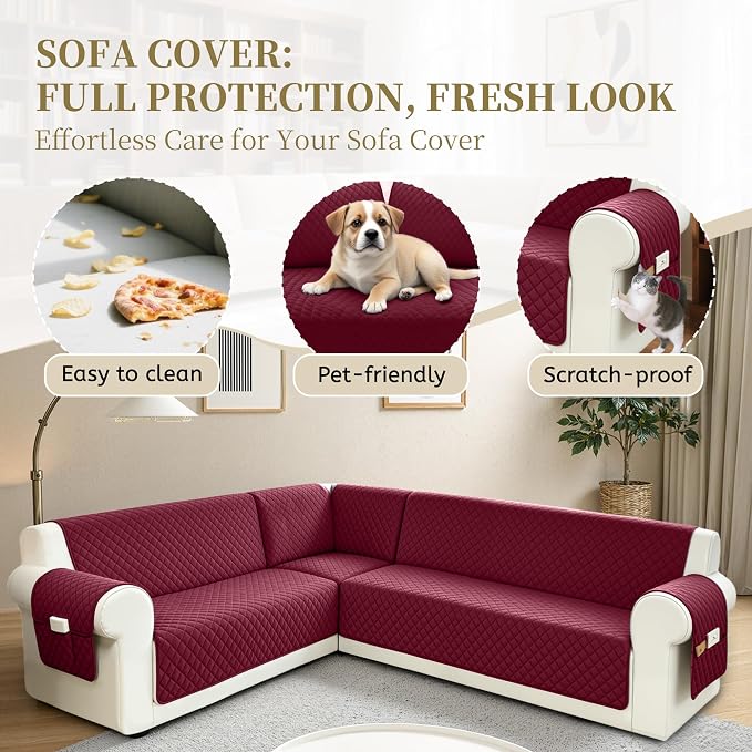 Sectional Couch Covers for Dogs 100% Waterproof Corner L Shaped Sofa Cover Pet Friendly Velvet Washable Anti Slip L Shape Modular Sofa Slipcover Protector with Pockets (Red, X-Large) - Image 5