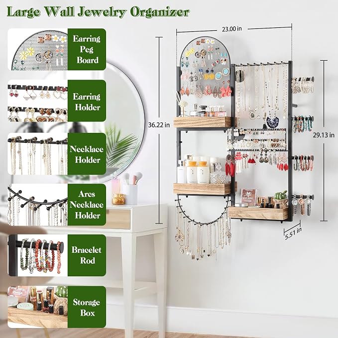 Keebofly Large Jewelry Organizer - Big Wall Mount Hanging Jewelry Holder Display for Earrings, Rings, Necklaces, Bracelets, Makeup, Perfume & Watches - Image 2