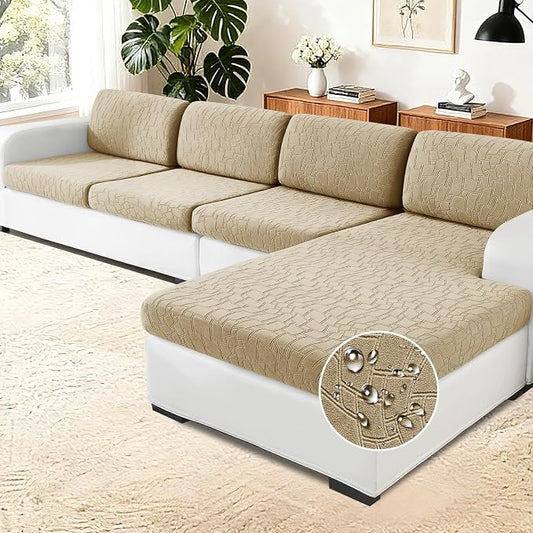 MAXIJIN Waterproof Sectional Couch Cover 4 Pieces Stretch Couch Cushion Covers for Sectional Sofa L Shape Seat Slipcovers with Elastic Bottom for Dog Pet (3 Seater + 1 Chaise, Khaki) by MAXIJIN