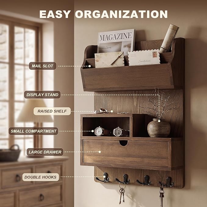 Rebee Vision Pine Wood Key Holder Wall Mount with Drawer & 4 Hooks, Brown | Farmhouse Mail and Key Organizer, 4 Key Hooks, Mail Sorter for Letters, Keep Small Essentials Tidy, Adds Retro Entryway Charm - Image 4