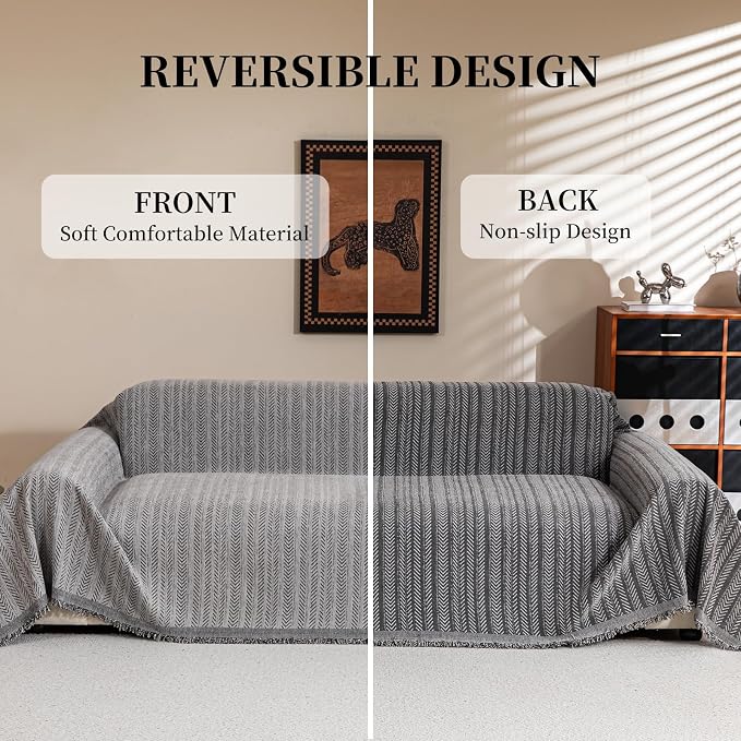 Dark Grey Sofa Covers Washable Couch Covers for Pets Kids, 2 Cushion Couch Loveseat Furniture Protector, Non Slip Strip Couch Cover Chenille Couch Throw Blankets Tassels, 71"x118" - Image 2