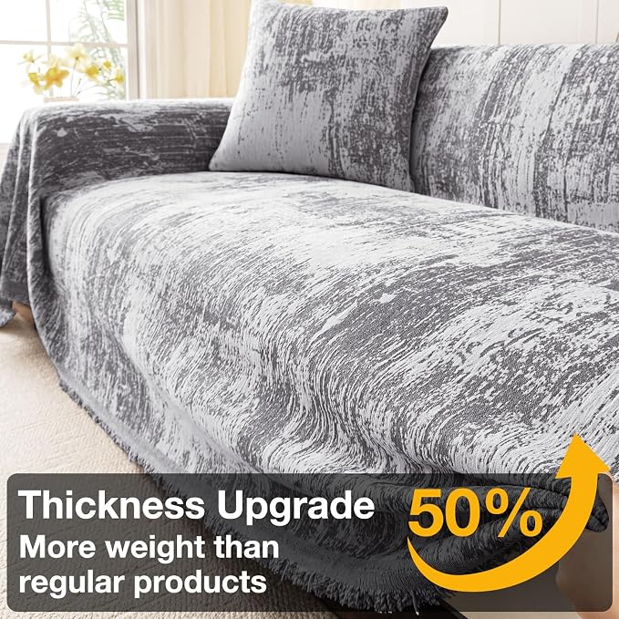 hyha Couch Cover for Dogs, Boho Chenille Sofa Cover for 3 Cushion Couch | Anti-Scratch Washable Sofa Slipcover, Loveseat Sectional Couch Throw Blankets with Tassels (Dark Grey/White, 71x150 Inch) - Image 4