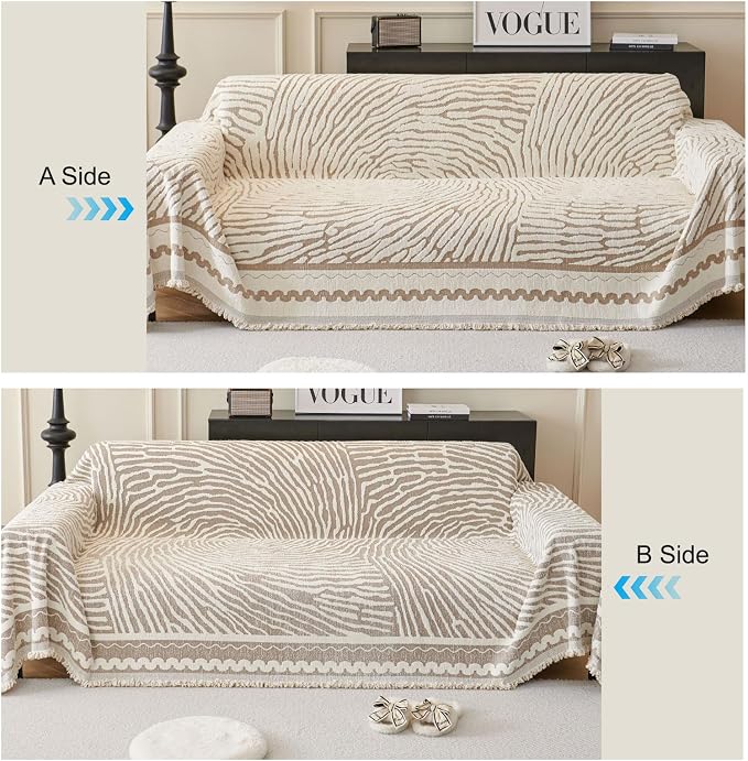 ROOMLIFE Thicked Striped Couch Cover with Tassel Khaki Chenille Sofa Cover Blanket for Sectional Sofa, Soft Sofa Slipcovers for L Shaped Love Seat 2-3 Cushion Couch Anti Slip Sofa Protector, 71"x150" - Image 4