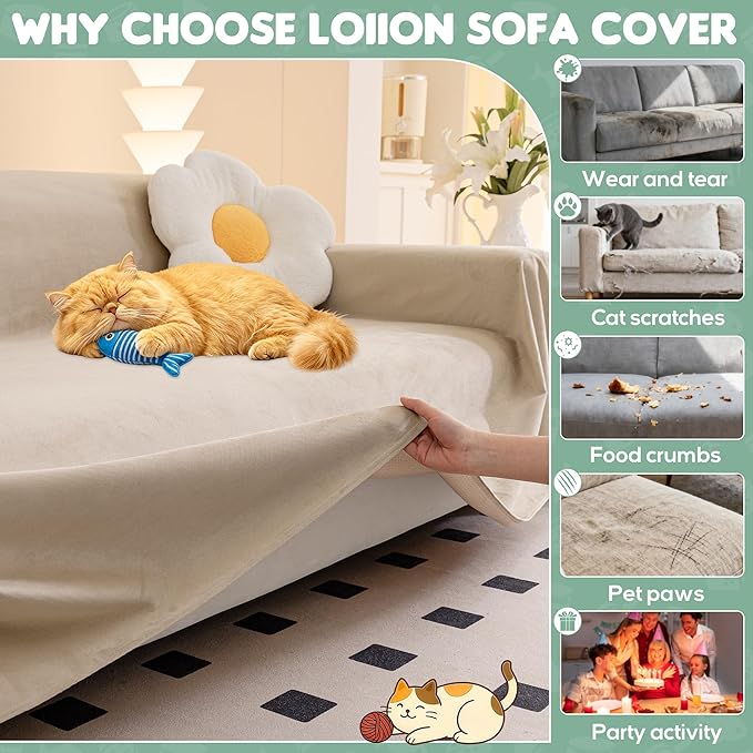LOllON Cat Scratch Couch Cover Waterproof 118"x91" Non-Slip | Pet-Friendly Couch Protector, Anti-Scratch & Waterproof Sofa Cover For Cats Dogs Kids, Machine Washable - Image 8