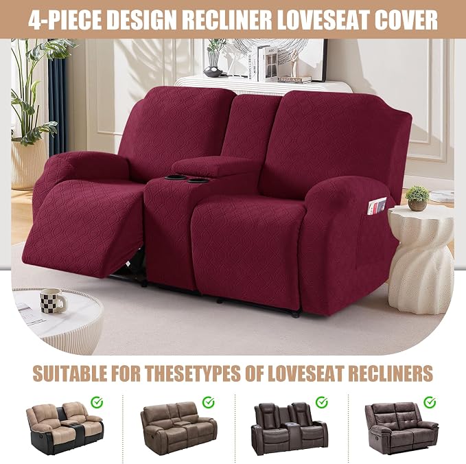VANSOFY Recliner Loveseat Cover with Middle Console Stretch Reclining Sofa Slipcover for 2 Seat Jacquard Reclining Couch Sofa Covers Furniture Protector with Elastic Straps Bottom (Burgundy) | 4-Pieces, Soft Furniture Protector, Washable Slipcover with... - Image 4