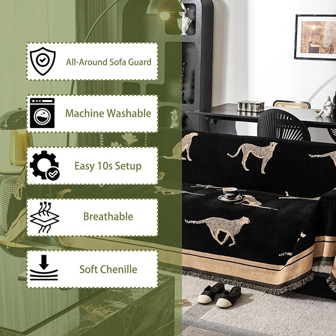 Chenille Sofa Cover with Tassels, Non-Slip Couch Cover for Seat Sofas, Washable Furniture Protector for Pets & Kids, Modern Leopard Pattern Chenille Blanket (Black, 90"x134") - Image 5