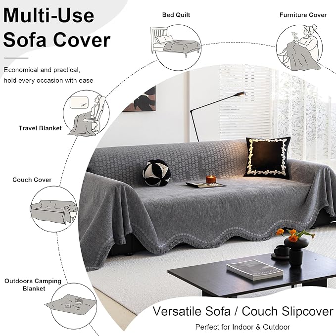 ROOMLIFE Gray Couch Cover Boho Sofa Covers for 3 Cushion Couch Washable, Furniture Protector Sofa Couch Cover for Dogs, Soft Chenille Sofa Slipcover, Couch Throw Blankets with Tassels 71 '' X 134'' - Image 6