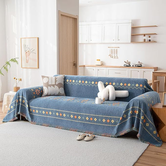 DREAMINGO Boho Couch Covers for Sectional Sofa Chenille 3-Seater Sofa Covers Washable Anti Slip Geometric Jacquard Couch Cover Blanket for Living Room, Blue, 71"x150" by DREAMINGO