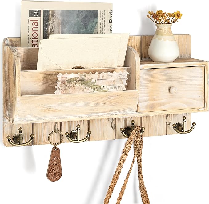 Rebee Vision Key Holder Wall Mount with Drawer for Entryway, Natural Wood | Pine Wood, with Drawer Storage, 7 Hanging Hooks, Letter Organizer, Key Holder for Wall, Home Essentials for Room Decor by REBEEVISION