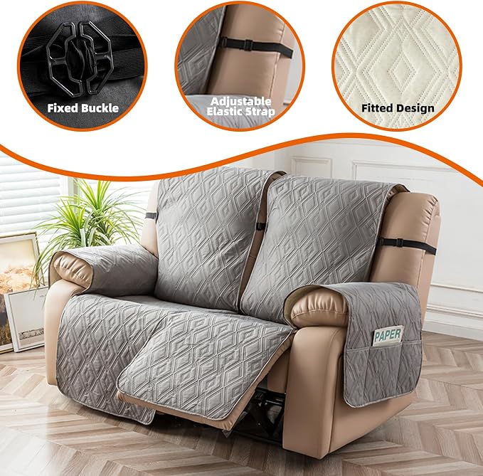Genina Loveseat Recliner Cover Non-Slip, Sofa Cover for Reclining Couch 2 Seat, Loveseat Covers Double Recliner Furniture Protector Cover with Elastic Straps for Pets (Light Gray, Recliner Loveseat) - Image 7