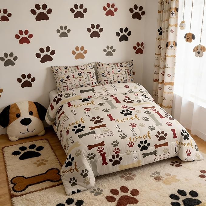 Homewish Dog Paw Print Comforter Set Queen Size,Bone Pattern Bedding Set 3pcs for Kids Teens Girls Boys Room Decor,Pet Animal Quilt Set Cartoon Duvet Insert with 2 Pillowcases - Image 2