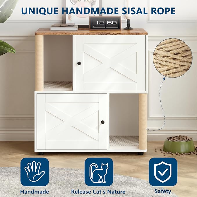 Litter Box Cabinet, Hidden Cat Litter Box Furniture with Dual Compartments, Odor Control & Scratch-Resistant Panels, Compact Enclosure for Multiple Cats, White Black Grey - Image 2