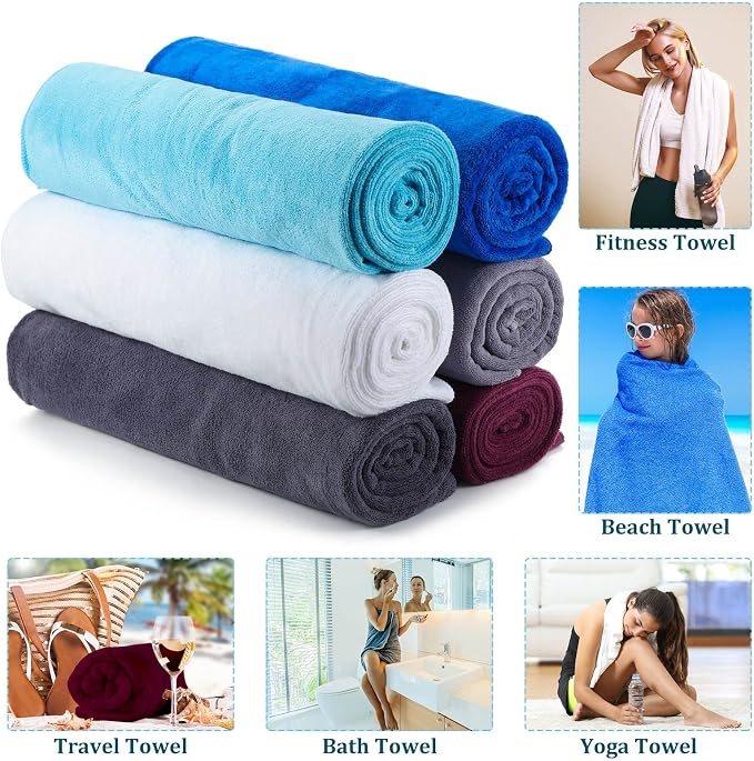 Tegeme 6 Pcs Microfiber Bath Towel Set 30 x 60 Bath Towel, Quick Drying, Oversized, Soft, Absorbent Sweat, Large Fitness Towels for Beach Bathroom, Sports, Yoga, Pool, Gym, Men & Women (Multicolor) - Image 4