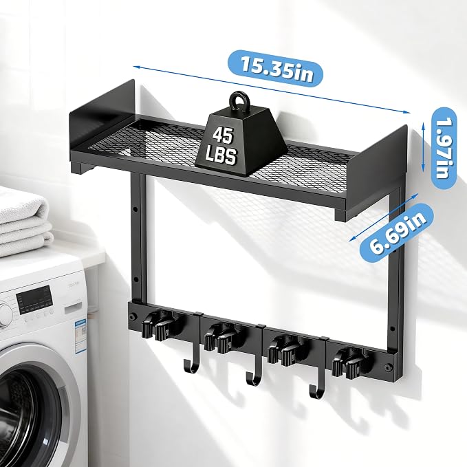 HUFAND 15" Wall Mounted Broom Holder and Mop Organizer with Shelf and Hook | Black Broom Holder Wall Mount, 4 Grippers, 3 Movable S-Hooks, For Garage And Laundry Room Storage - Image 4
