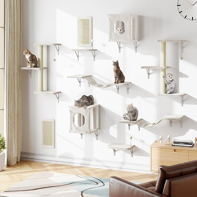 Cat Wall Shelves, 10-in-1 Wall-Mounted Cat Furniture Set | Large Cat Climber Set with House, Bridge, Steps, Scratcher, DIY Playground, Shelves for Indoor Wall Furniture Set, Beige by NUNULAB