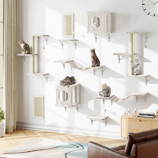 Cat Wall Shelves, 10-in-1 Wall-Mounted Cat Furniture Set | Large Cat Climber Set with House, Bridge, Steps, Scratcher, DIY Playground, Shelves for Indoor Wall Furniture Set, Beige by NUNULAB