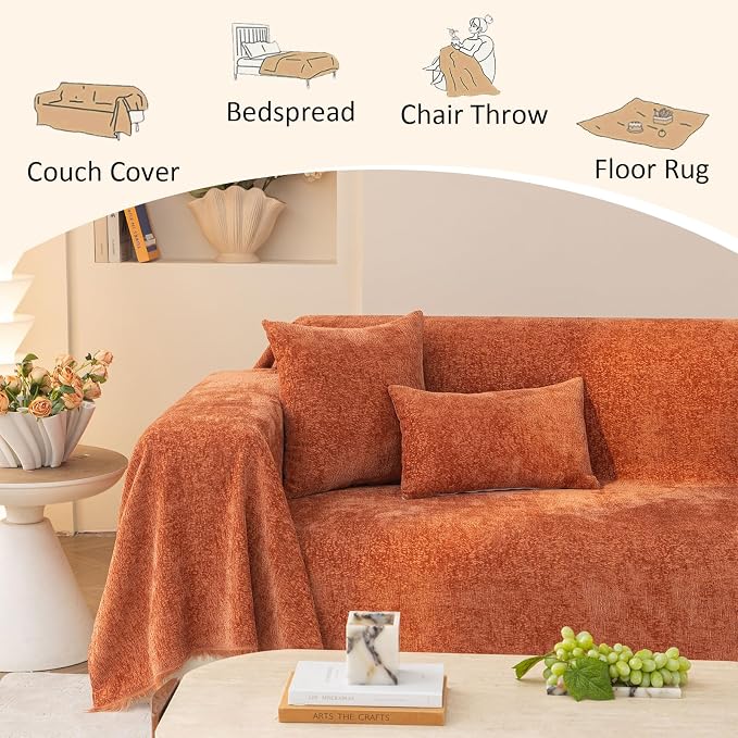 Burnt Orange Thick Slub Chenille Couch Cover Ultra Soft for All Shape Sofa Couch Furniture Protector, Orange Sofa Slipcover Protector for Dogs Pets Kids XL 71x134’’ | for All Shape Sofa Couch Furniture Protector, Orange Sofa Slipcover Protector for Dog... - Image 4