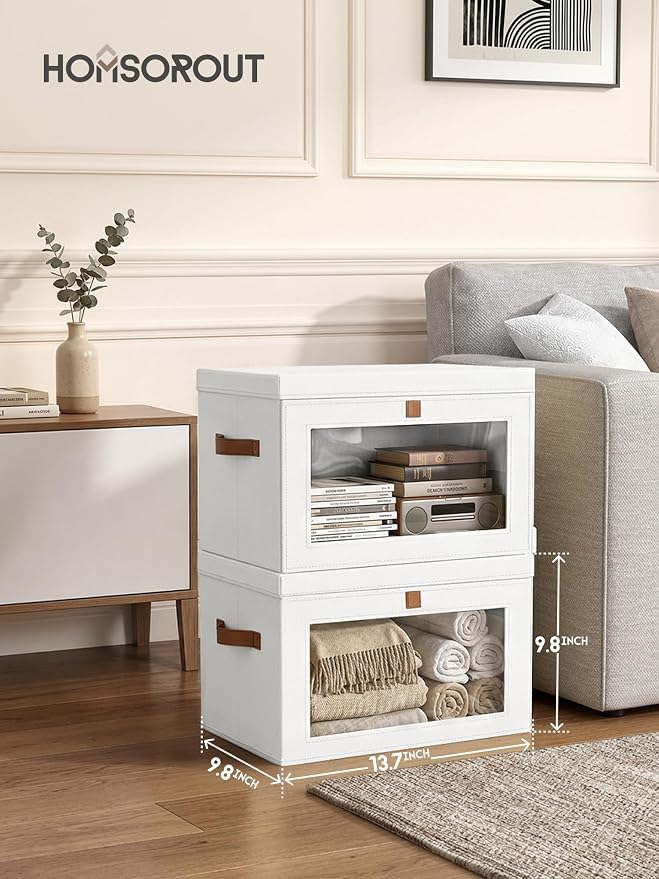 Homsorout Medium Fabric Storage Bins - Closet Shelf Organizer with Open Window, 5 Pack Closet Baskets for Shelves, Stackable Decorative Boxes for Home, Dorm, White, 13.7" x 9.8” x 9.8" - Image 5