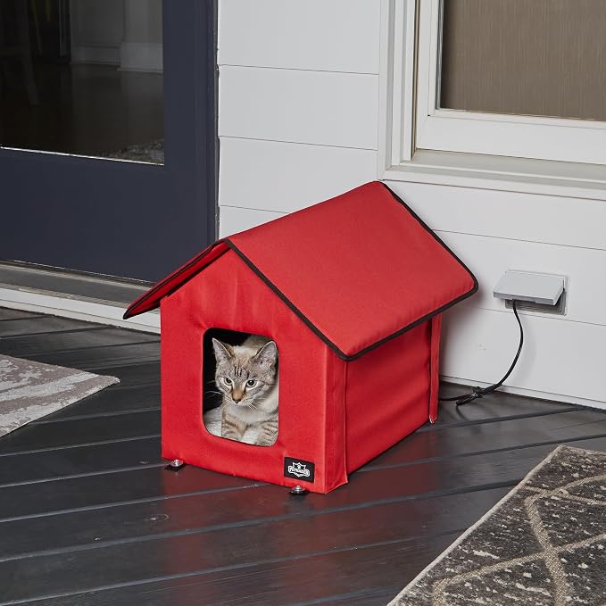 Heated Cat House - Double-Door Cat Bed with Zippered Roof, Pet Heating Pad, and Sherpa Cover - for Garage, Porch, Barn, or Basement by PETMAKER (Red) - Image 2