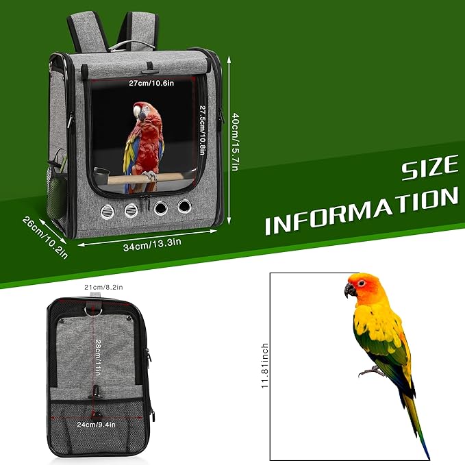 Large Bird Carrier Bag with Stand, Lightweight Backpack for Parrot, Portable Cockatiel Travel Cage with Accessories, Pet Transparent Breathable Carrier, Gray - Image 3