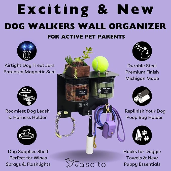 Dog Treat Holder for Wall Storage for Pets, Premium Pet Wall Organizer, Includes Two 16oz Airtight Dog Treat Jars, 3 Sets of Triple Hooks, Sturdy Shelf in Modern Black - Image 5