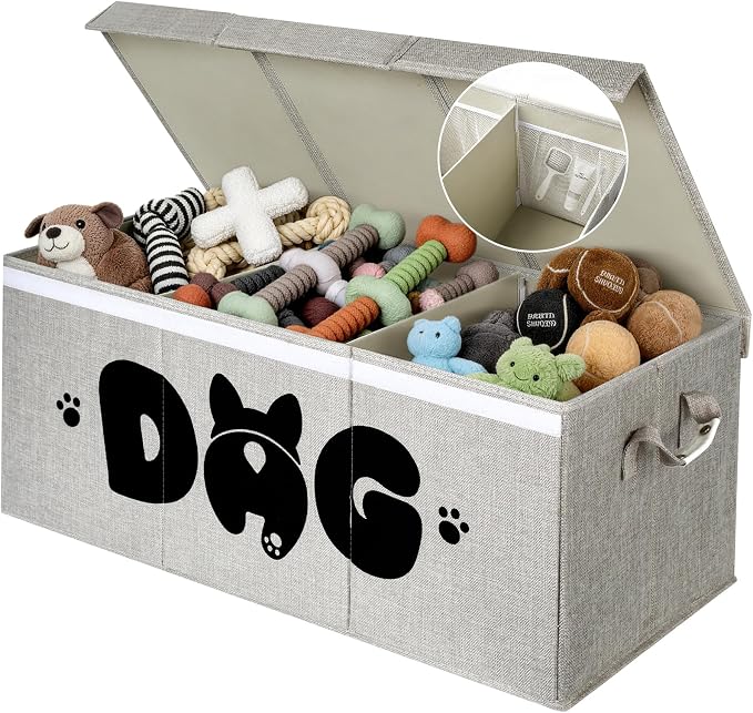 Dog Toy Basket with Lid, 3 Compartments Dog Basket for Toys, Dog Toy Box with 2 Removable Dividers, Collapsible Storage Bins for Dog Toys, Dog Storage Organizer, Gray by GreenPetopia