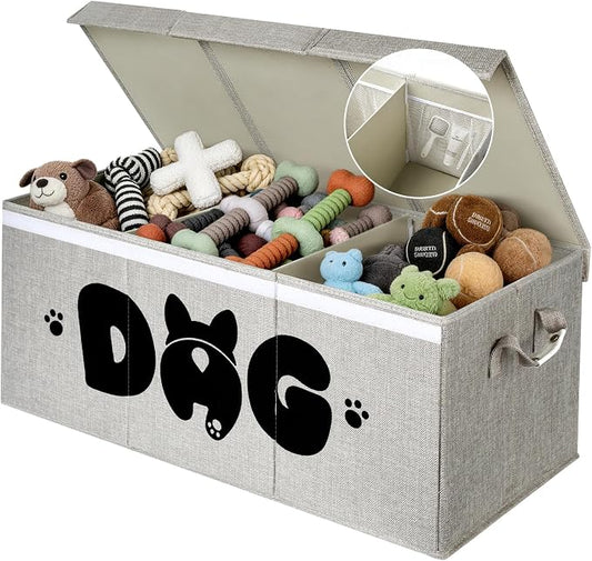 Dog Toy Basket with Lid, 3 Compartments Dog Basket for Toys, Dog Toy Box with 2 Removable Dividers, Collapsible Storage Bins for Dog Toys, Dog Storage Organizer, Gray by GreenPetopia