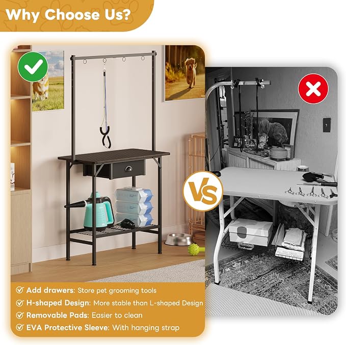 Dog Grooming Table with Drawers and Mesh Tray,32 Inch Adjustable Pet Grooming Table with Non-slip Removable Washable Mat and EVA Protective Lanyard ,Professional Grooming Table for small Dogs at Home - Image 6
