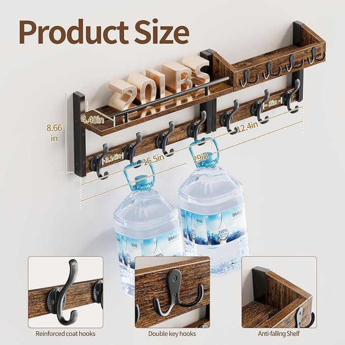 29 inch Coat Rack Wall Mount with Shelf, Entryway Wall Shelf with Hooks, Heavy Duty Coat Hanger Wall Mount with Key Holders and Mail Organizer for Living Room, Bedroom, Black & Brown - Image 4