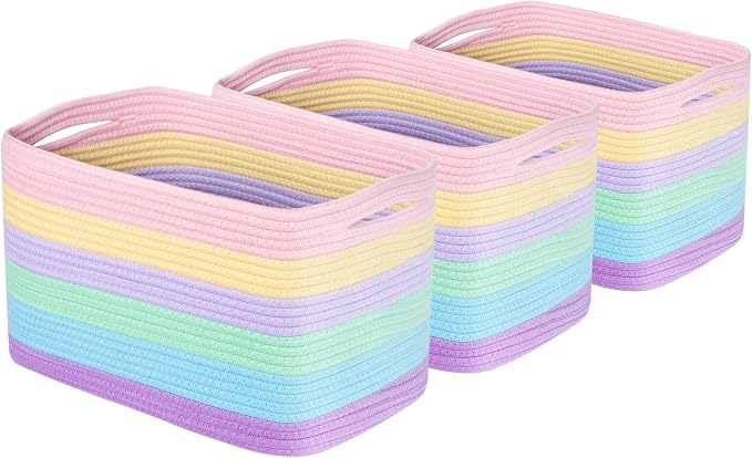 MINTWOOD Design 3-Pack Storage Baskets and Cube Bins for Shelves, Playroom and Classroom, Decorative Woven Closet Organizers for Books, Shoes, and Pantry Items, Pastel Rainbow - Image 8