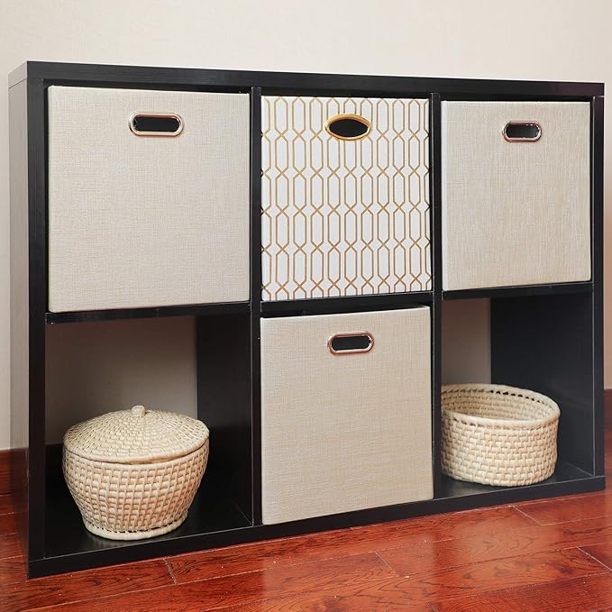 Posprica Foldable Storage Bins,13×13 Storage Cubes Basket Containers for Shelf Cabinet Bookcase Boxes,Thick Fabric Drawers - Set of 2, Beige - Image 6
