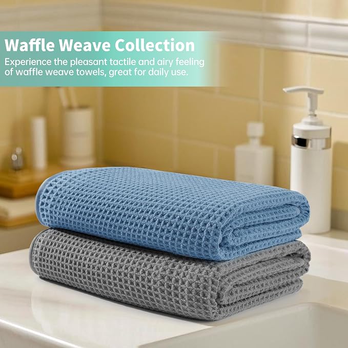 Microfiber Waffle Bath Towels, 4 Pieces, Soft, Absorbent, Fast Drying, Lint Free 430 GSM (Beige+Gray+Blue+White) - Image 6