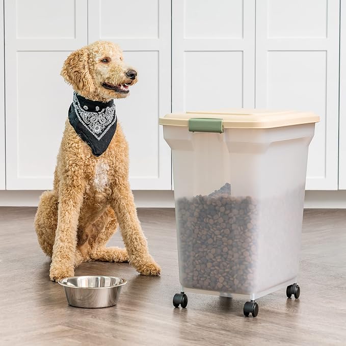 IRIS USA Dog Food Storage Container 58 lbs, Attachable Wheels, for Dog Cat Birds and other Pets, Food Storage Bin, Keep Fresh, Easy Mobility, BPA Free - Made in the USA, Almond/Clear - Image 5