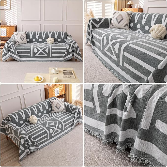 Deep Dream Boho Couch Cover, Non Slip Soft Chenille Sofa Covers for 3 Cushion Couch, Thick Sofa Slipcover Couch Covers Washable Blanket Cover for Living Room (Grey, 71"x134") - Image 4