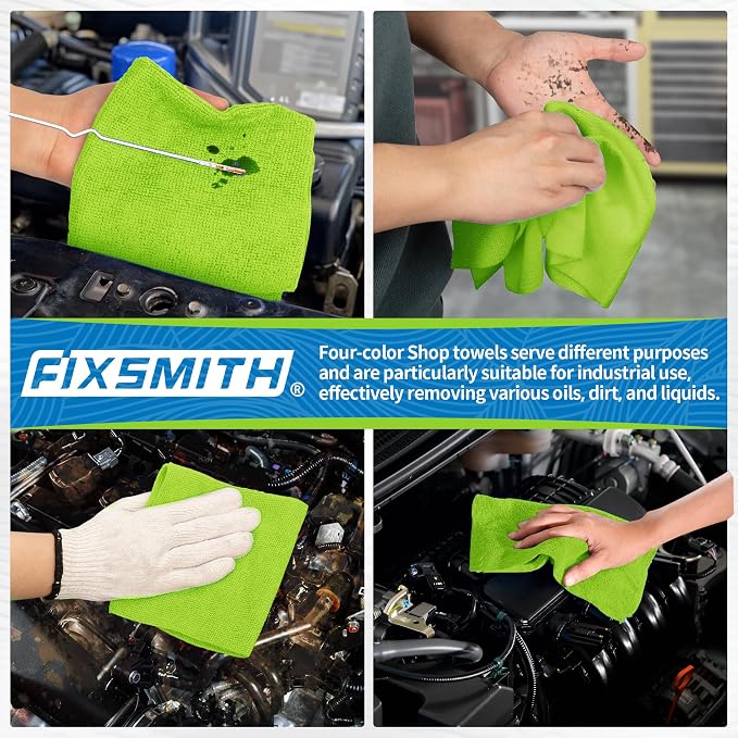 FIXSMITH Microfiber Cleaning Cloth, Shop Towels Bulk, 24 Pack Green Microfiber Towels for Cars, All-Purpose Absorbent Cleaning Rags, Dust Cloth for Automotive, Mechanic, Garage, Bar, 12 x 11 inch - Image 6