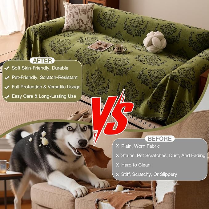 STACYPIK Vintage Floral Sofa Cover, Soft Reversible Couch Cover for Dogs | 71x118IN, Green, Tassels, Tear Resistant, Pet Friendly, 2 Cushion Couch/Loveseat, Versatile Jacquard Chenille Couch Protector - Image 4