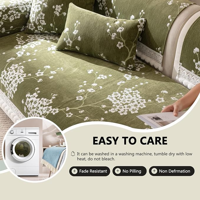 DREAMINGO Couch Armrest Cover, Green Floral Couch Slipcover Jacquard Chenille Sofa Covers Washable for Pet Kid Non Slip Furniture Protector for Living Room, 27.6"x27.6" - Image 7