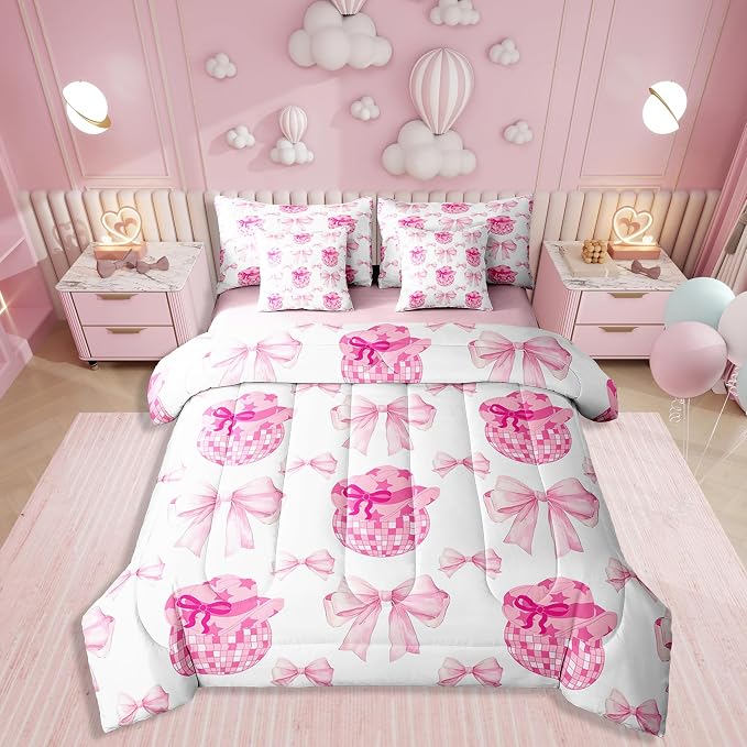 Erosebridal 7 Piece Pink Bowknot King Bedding Set for Girls Women,Western Cowgirl Kids Comforter Set,Disco Ball Duvet Set,Rustic Farmhouse Cowboy Quilt Comforter,Hippie Bow Valentine Day Sheet Set by Erosebridal