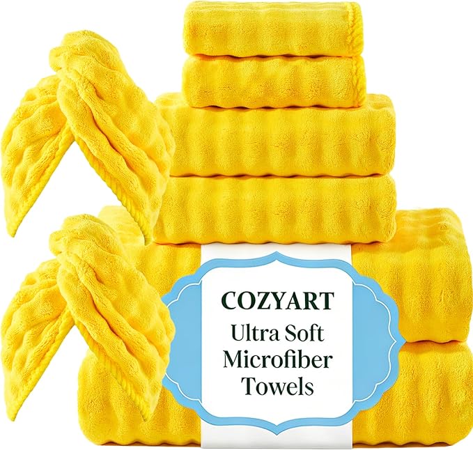 COZYART Lint Free 8 Pcs Bathroom Towels Set Ultra Soft Microfiber Yellow | Ultra Fluffy, Thick, Highly Absorbent, Fast Dry, No Shedding, No Pilling, Fade Resistant, Durable, Long-lasting by COZYART