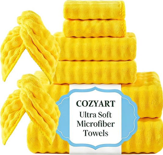 COZYART Lint Free 8 Pcs Bathroom Towels Set Ultra Soft Microfiber Yellow | Ultra Fluffy, Thick, Highly Absorbent, Fast Dry, No Shedding, No Pilling, Fade Resistant, Durable, Long-lasting by COZYART