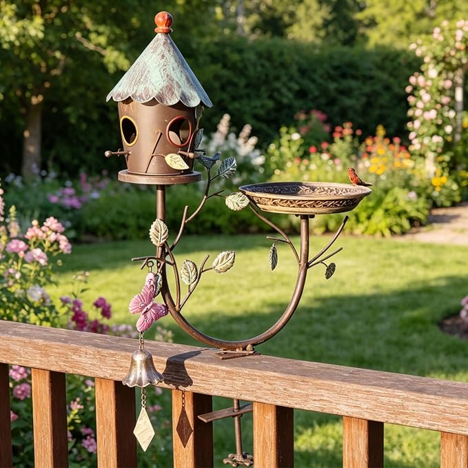 Deck Bird Bath, Metal Bird Bath and Bird Houses, Deck Mounted Bird Bath | Detachable and Adjustable Sturdy Deck Bird Bath for Outdoor Porch Yard Garden Decoration by HLQMFHT
