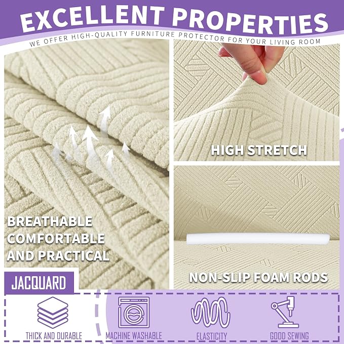ZNSAYOTX 3 Piece Stretch Loveseat Covers (55"-69"), Thick Striped Sofa Covers for 2 Cushion Couch with Elastic Band Bottom Ties Non-Slip Stay in Place, Soft Durable Love Seat Slipcovers, Beige - Image 3