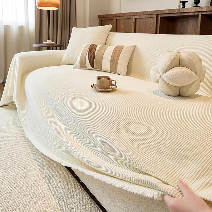 White Boho Couch Covers for Sofa Washable for 3 Cushion Couch,71''X134'' | Chenille Furniture Protector Sofa Couch Cover for Dogs, Soft Breathable Sofa Slipcover, Couch Throw Blankets with Tassels - Image 4