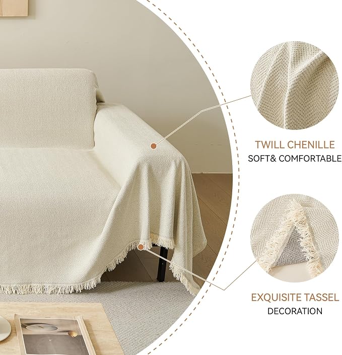 Deep Dream Beige Couch Cover, Soft Chenille Couch Covers for 3 Cushion Couch, Thick Sofa Slipcover Washable Sofa Cover Furniture Protector for Dogs, 71"x150" - Image 4