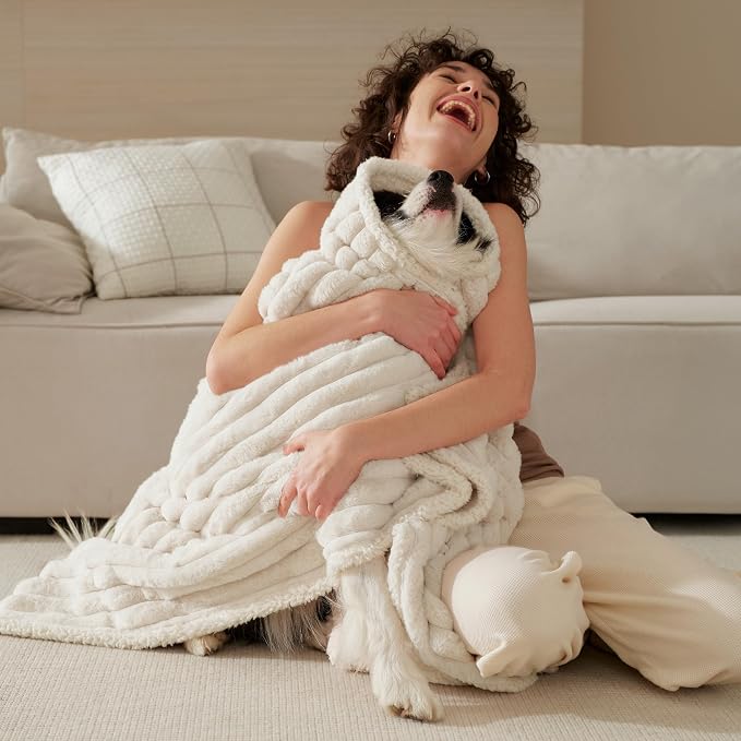 Bedsure ComfyFleece™ Waterproof Dog Blankets for Large Dogs,50x60 Cream | Soft Plush Couch Cover,Washable Corduroy Fleece for Furniture Protector,Cozy Calming Reversible Pet Blanket for Senior Dogs - Image 9