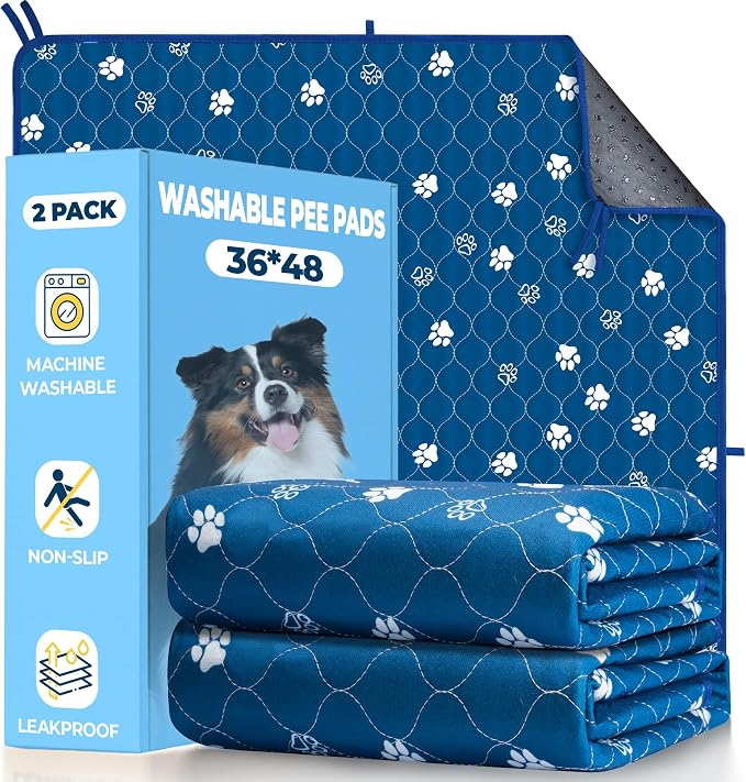 Fostanfly Washable Pee Pads for Dogs, Ultra-Absorbent, 36"x48"-2 Pack, Blue | Leak-Proof, Waterproof, Non-Slip, Large Reusable Pee Pads for Puppy Potty Training, Crate and Playpen with 8 Tie Straps by HOME