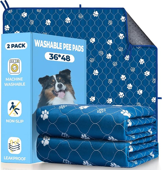 Fostanfly Washable Pee Pads for Dogs, Ultra-Absorbent, 36"x48"-2 Pack, Blue | Leak-Proof, Waterproof, Non-Slip, Large Reusable Pee Pads for Puppy Potty Training, Crate and Playpen with 8 Tie Straps by HOME
