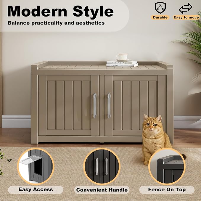 Cat Litter Box Enclosure Resin Hidden Cat Litter Box Furniture Multi-Functional Double Door Spacious Odorless Waterproof UV-Resistant Indoor Outdoor Use Grey - Image 4